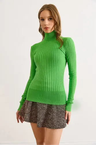 Kadın Fıstık Yeşili Balıkçı Yaka Kalın Fitili Triko Kazak KZK-19000872-Fıstık Yeşili - 3