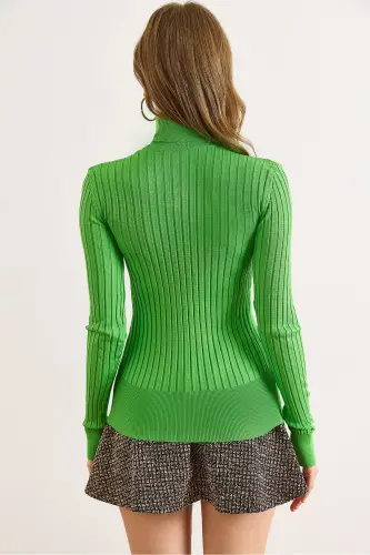 Kadın Fıstık Yeşili Balıkçı Yaka Kalın Fitili Triko Kazak KZK-19000872-Fıstık Yeşili - 4