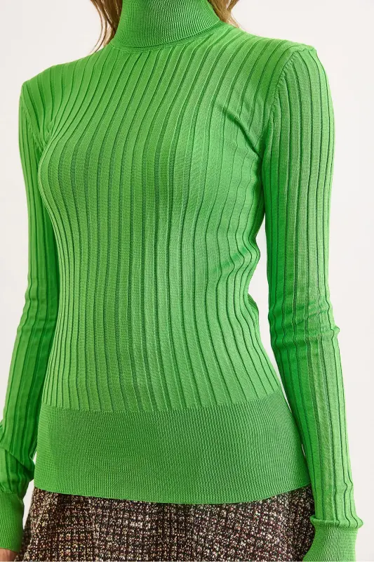 Kadın Fıstık Yeşili Balıkçı Yaka Kalın Fitili Triko Kazak KZK-19000872-Fıstık Yeşili - 5