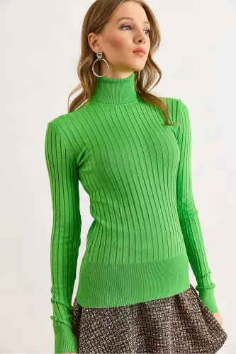 Kadın Fıstık Yeşili Balıkçı Yaka Kalın Fitili Triko Kazak KZK-19000872-Fıstık Yeşili - 6