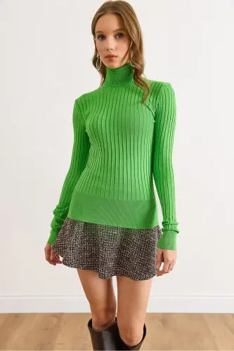 Kadın Fıstık Yeşili Balıkçı Yaka Kalın Fitili Triko Kazak KZK-19000872-Fıstık Yeşili - 1