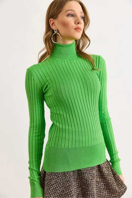 Kadın Fıstık Yeşili Balıkçı Yaka Kalın Fitili Triko Kazak KZK-19000872-Fıstık Yeşili - 6