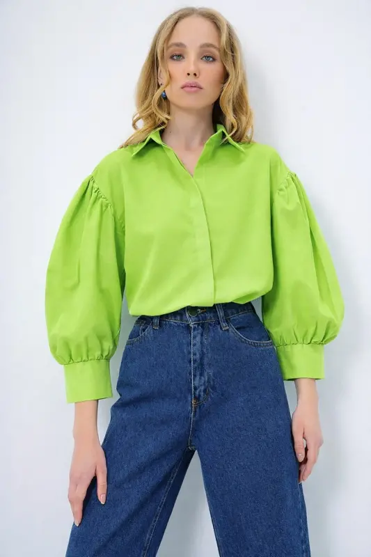 Kadın Fıstık Yeşili Balon Kol Desenli Baskılı Viscon Dokuma Gömlek ALC-X9654-FISTIK YEŞİLİ - 3