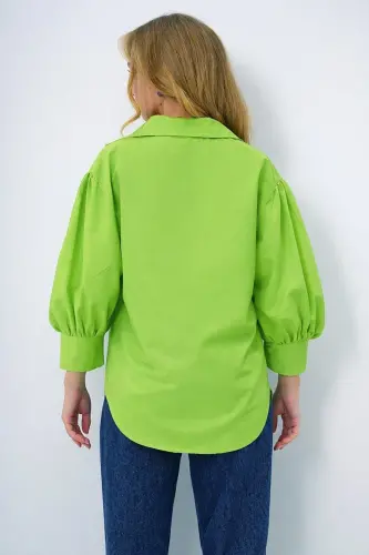 Kadın Fıstık Yeşili Balon Kol Desenli Baskılı Viscon Dokuma Gömlek ALC-X9654-FISTIK YEŞİLİ - 6