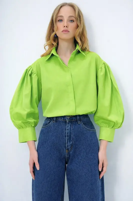 Kadın Fıstık Yeşili Balon Kol Desenli Baskılı Viscon Dokuma Gömlek ALC-X9654-FISTIK YEŞİLİ - 4