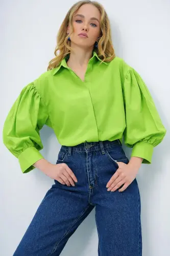 Kadın Fıstık Yeşili Balon Kol Desenli Baskılı Viscon Dokuma Gömlek ALC-X9654-FISTIK YEŞİLİ - 5