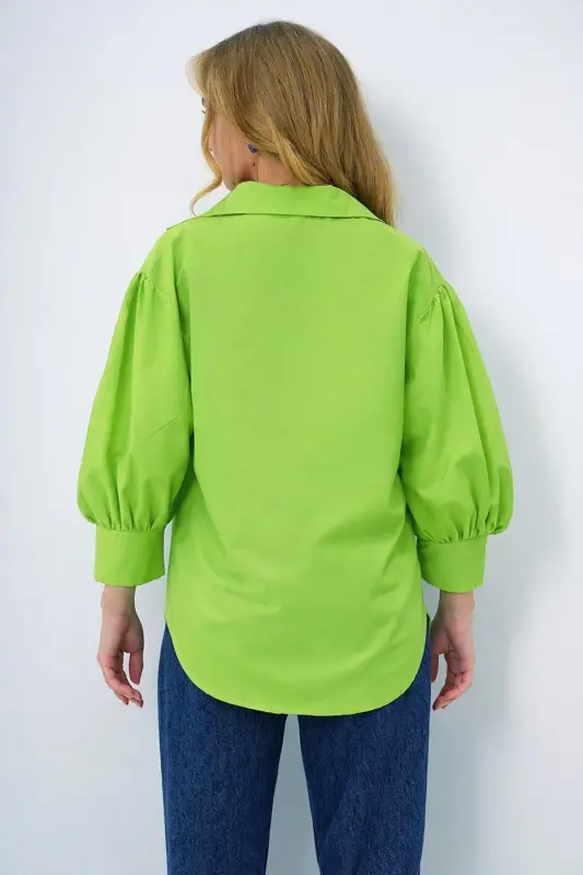 Kadın Fıstık Yeşili Balon Kol Desenli Baskılı Viscon Dokuma Gömlek ALC-X9654-FISTIK YEŞİLİ - 6