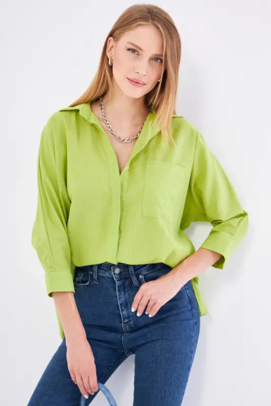 Kadın Fıstık Yeşili Cepli Salaş Keten Gömlek ARM-21Y001035-Fıstık Yeşili - 1