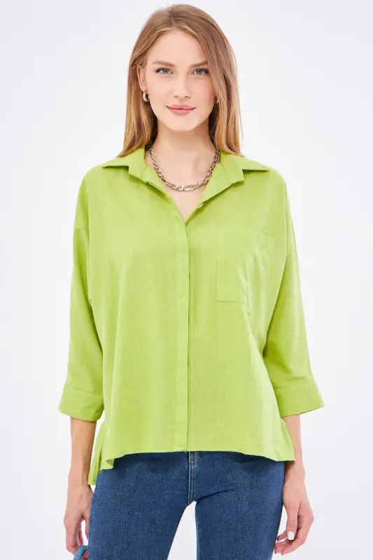 Kadın Fıstık Yeşili Cepli Salaş Keten Gömlek ARM-21Y001035-Fıstık Yeşili - 3