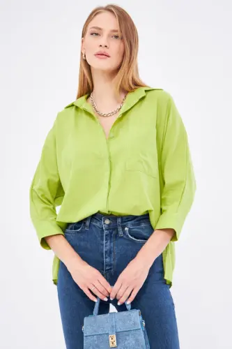 Kadın Fıstık Yeşili Cepli Salaş Keten Gömlek ARM-21Y001035-Fıstık Yeşili - 4