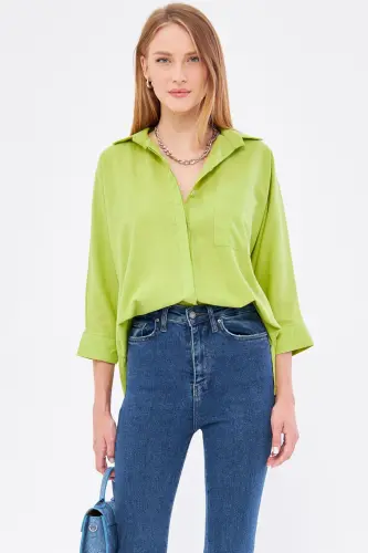 Kadın Fıstık Yeşili Cepli Salaş Keten Gömlek ARM-21Y001035-Fıstık Yeşili - 5