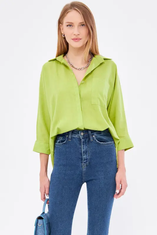 Kadın Fıstık Yeşili Cepli Salaş Keten Gömlek ARM-21Y001035-Fıstık Yeşili - 5