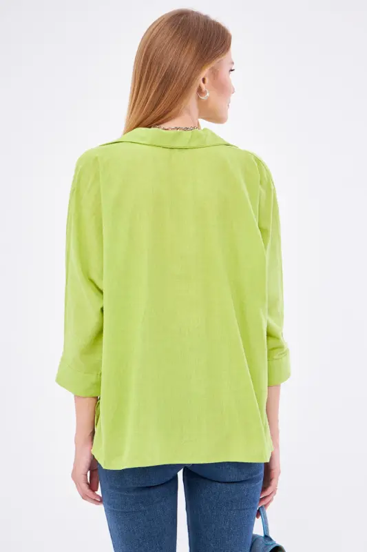 Kadın Fıstık Yeşili Cepli Salaş Keten Gömlek ARM-21Y001035-Fıstık Yeşili - 6