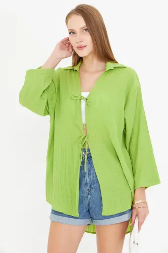 Kadın Fıstık Yeşili Gömlek Yakalı Önden Bağcıklı Kimono Gömlek ARM-25K001006-Fıstık Yeşili - 3