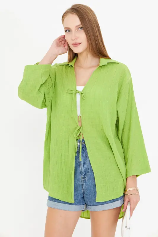 Kadın Fıstık Yeşili Gömlek Yakalı Önden Bağcıklı Kimono Gömlek ARM-25K001006-Fıstık Yeşili - 3