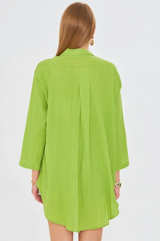 Kadın Fıstık Yeşili Kendinden Çizgili Önden Bağlamalı Kimono Gömlek ARM-24Y001101-Fıstık Yeşili - 5