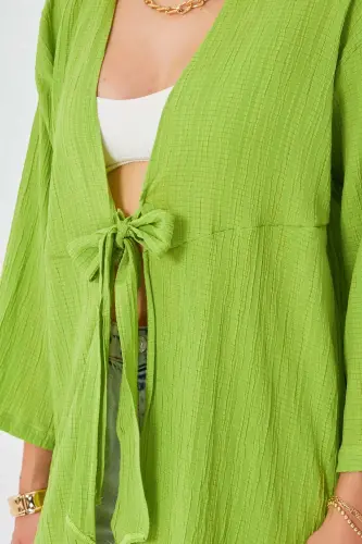 Kadın Fıstık Yeşili Kendinden Çizgili Önden Bağlamalı Kimono Gömlek ARM-24Y001101-Fıstık Yeşili - 2