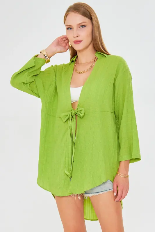 Kadın Fıstık Yeşili Kendinden Çizgili Önden Bağlamalı Kimono Gömlek ARM-24Y001101-Fıstık Yeşili - 4