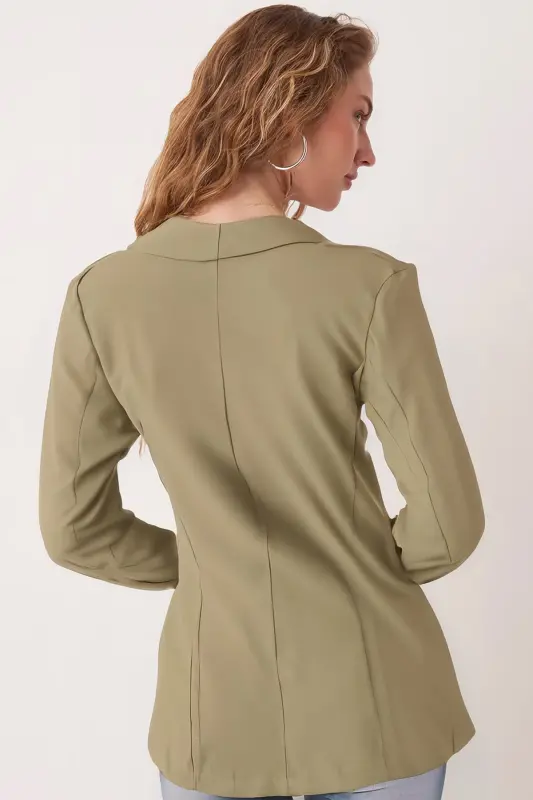 Kadın Fıstık Yeşili Kol İçi Çizgili Tek Düğmeli Ceket ARM-22K001122-Fıstık Yeşili - 3