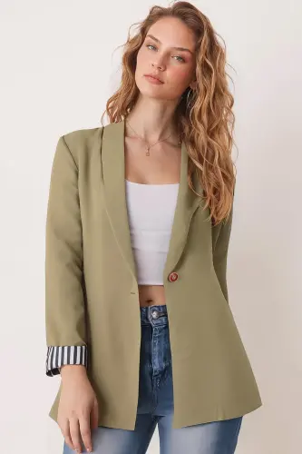 Kadın Fıstık Yeşili Kol İçi Çizgili Tek Düğmeli Ceket ARM-22K001122-Fıstık Yeşili 