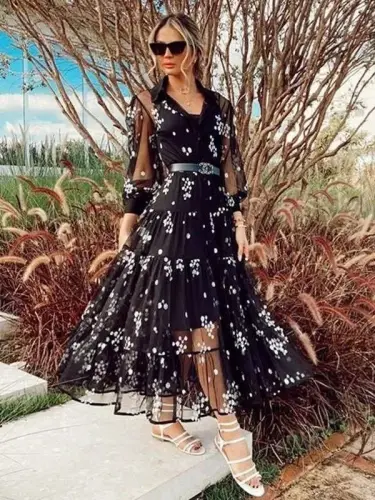 Kadın Flok Kumaş çiçek Desenli Elbise - 1