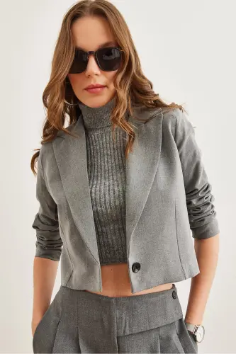 Kadın Füme Astarlı Premium Poliviskon Crop Blazer Ceket CKT-19000394 - Füme 
