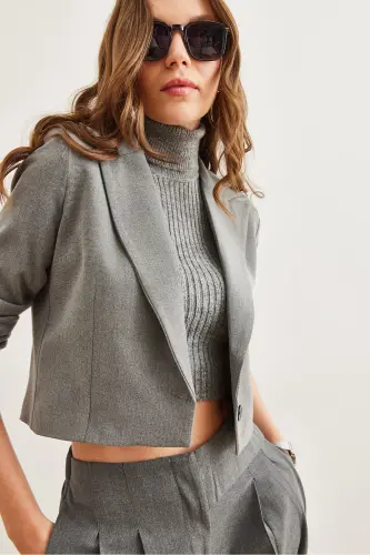 Kadın Füme Astarlı Premium Poliviskon Crop Blazer Ceket CKT-19000394 - Füme - 4