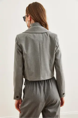 Kadın Füme Astarlı Premium Poliviskon Crop Blazer Ceket CKT-19000394 - Füme - 7