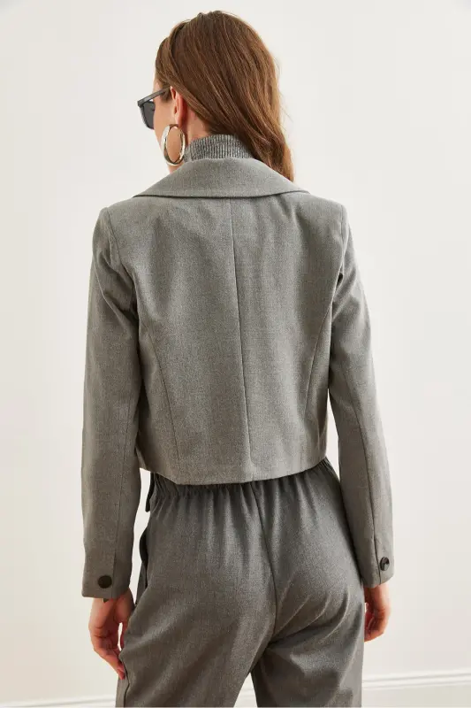 Kadın Füme Astarlı Premium Poliviskon Crop Blazer Ceket CKT-19000394 - Füme - 7