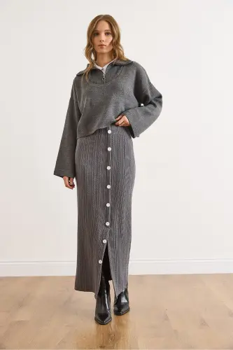 Kadın Füme Beli Lastikli Düğmeli Yırtmaçlı Uzun Etek ETK-19000293-Füme - 2