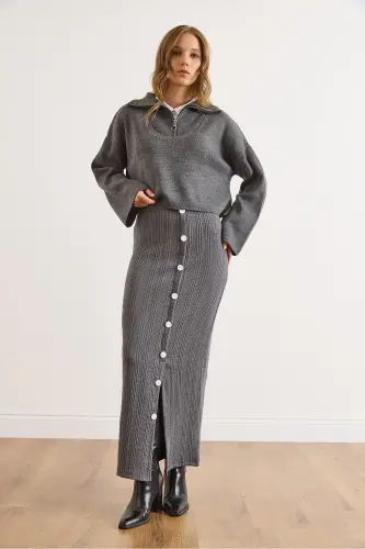 Kadın Füme Beli Lastikli Düğmeli Yırtmaçlı Uzun Etek ETK-19000293-Füme - 5