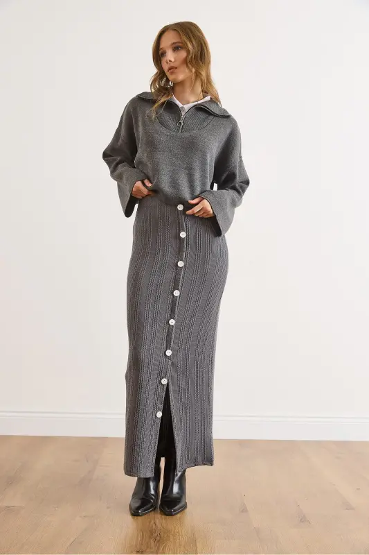 Kadın Füme Beli Lastikli Düğmeli Yırtmaçlı Uzun Etek ETK-19000293-Füme - 6