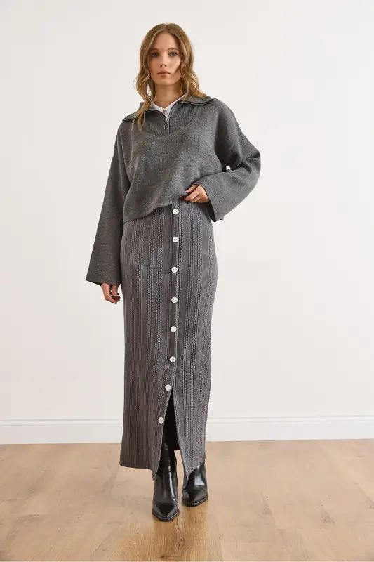 Kadın Füme Beli Lastikli Düğmeli Yırtmaçlı Uzun Etek ETK-19000293-Füme - 2