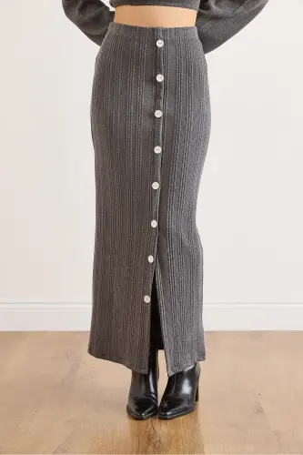 Kadın Füme Beli Lastikli Düğmeli Yırtmaçlı Uzun Etek ETK-19000293-Füme - 4