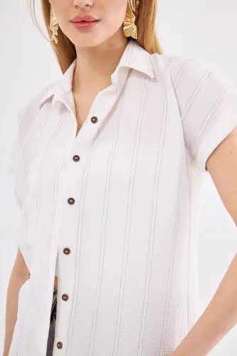 Kadın Füme-Beyaz Çizgili Kısa Kol Gömlek ARM-24Y001067-Füme - ARMONIKA (1)