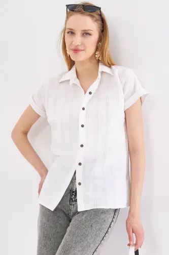 Kadın Füme-Beyaz Çizgili Kısa Kol Gömlek ARM-24Y001067-Füme - 3