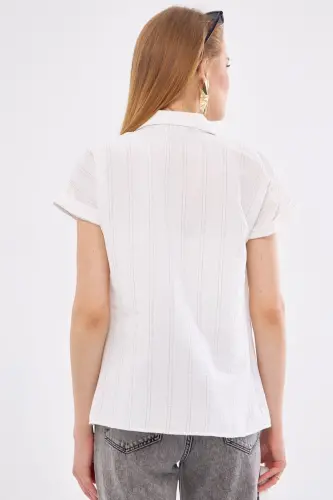 Kadın Füme-Beyaz Çizgili Kısa Kol Gömlek ARM-24Y001067-Füme - 4