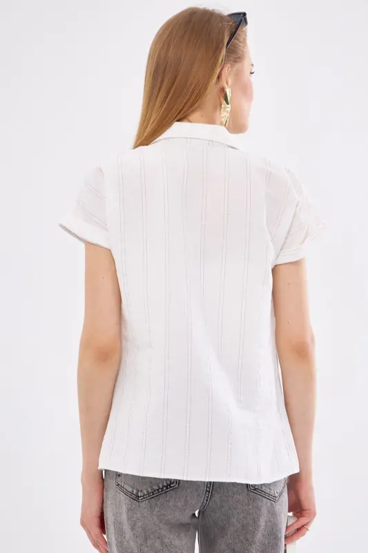 Kadın Füme-Beyaz Çizgili Kısa Kol Gömlek ARM-24Y001067-Füme - 4