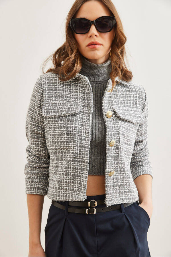 Kadın Füme Cepli Düğmeli Sim Detaylı Tüvit Ceket CKT-19000411-Füme - 1