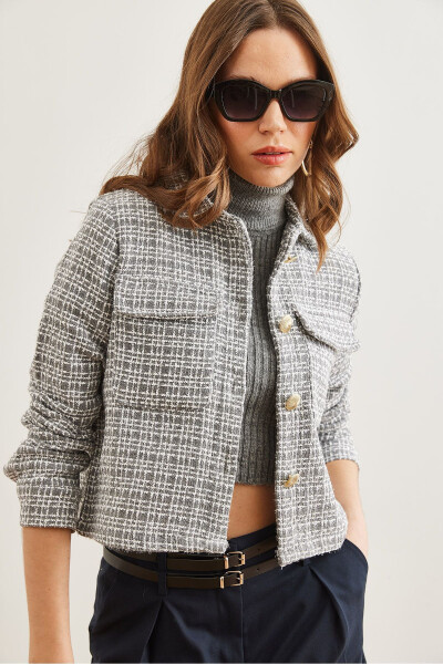 Kadın Füme Cepli Düğmeli Sim Detaylı Tüvit Ceket CKT-19000411-Füme - 3