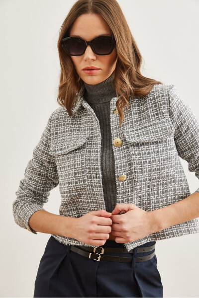 Kadın Füme Cepli Düğmeli Sim Detaylı Tüvit Ceket CKT-19000411-Füme - 4