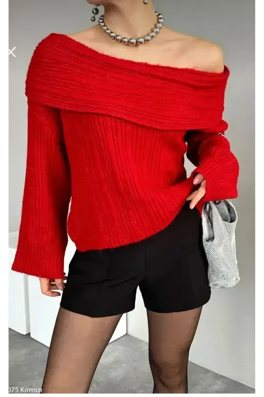 Kadın Füme Degaje Yaka Omuz Açık Fitilli Katlama Detaylı Kazak-KİRMİZİ - 1