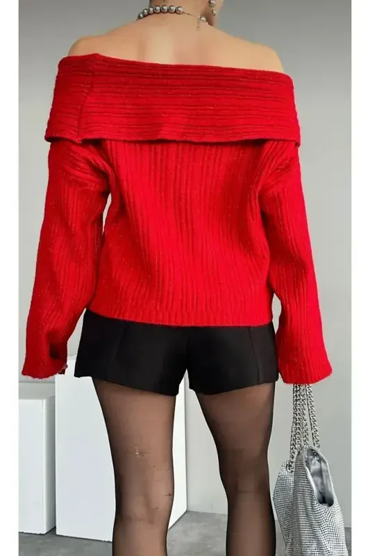 Kadın Füme Degaje Yaka Omuz Açık Fitilli Katlama Detaylı Kazak-KİRMİZİ - 3