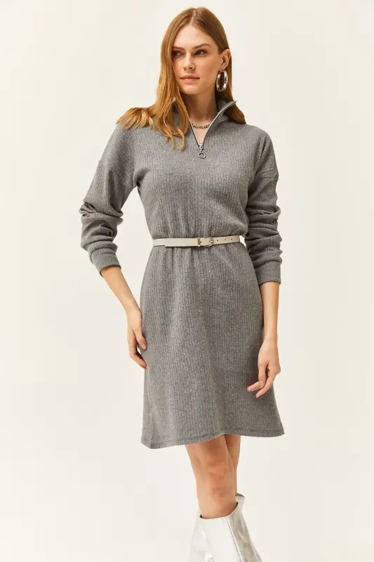 Kadın Füme Dik Yaka Fermuarlı Salaş Elbise ELB-19002023 - Füme - 3