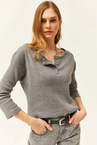 Kadın Füme Düğmeli Şardonlu Salaş Kazak KZK-19000721-Füme - 4