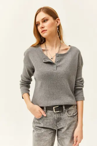 Kadın Füme Düğmeli Şardonlu Salaş Kazak KZK-19000721-Füme - OLALOOK (1)