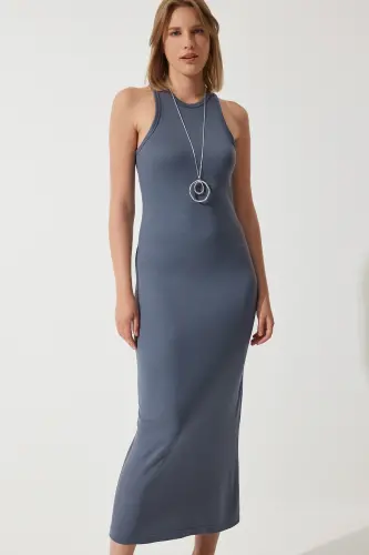 Kadın Füme Halter Yaka Yazlık Çelik Örme Uzun Elbise BP00159 - Füme - 6