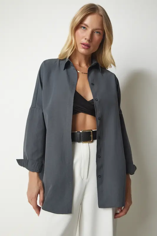 Kadın Füme Oversize Uzun Basic Gömlek DD00842 - Füme - 3