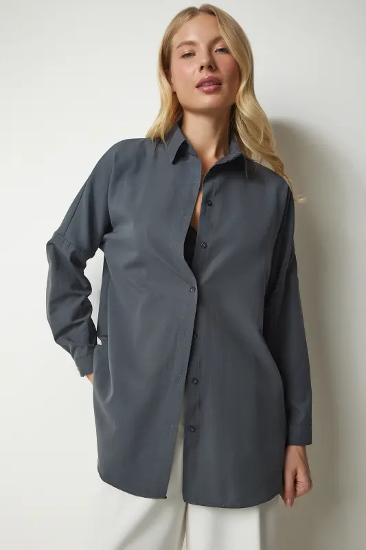 Kadın Füme Oversize Uzun Basic Gömlek DD00842 - Füme - 4
