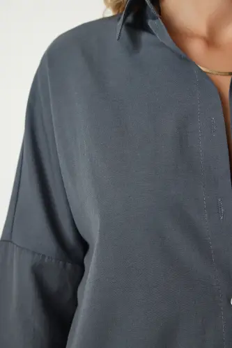 Kadın Füme Oversize Uzun Basic Gömlek DD00842 - Füme - 5